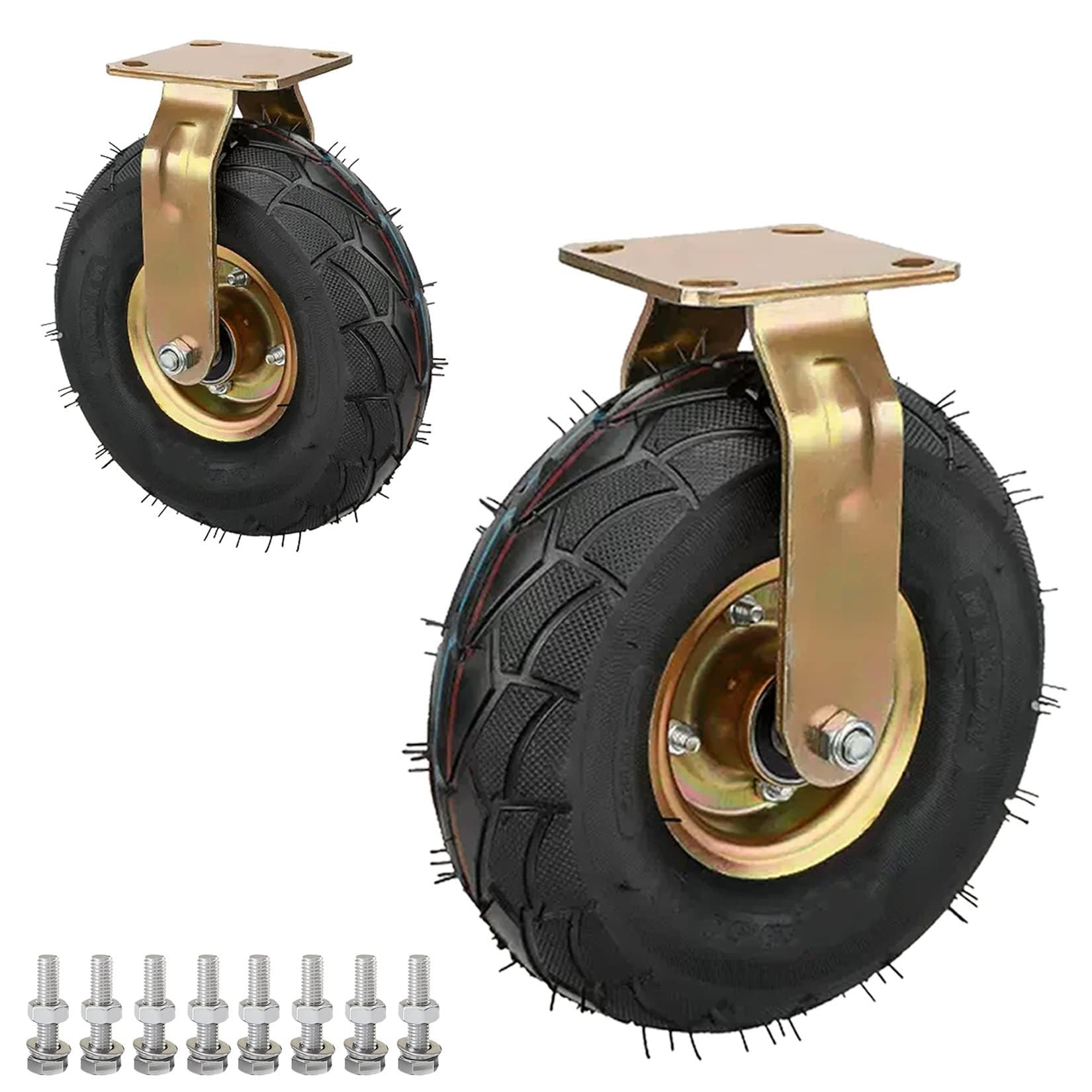 ZGUOUZANTYE Heavy Duty Castor Wheels Set Of 2 8 10 Inch Pneumatic Rubber Caster Fixed Swivel Brakes 250lbs Load Capacity Commercial Industrial(Fixed,Ø250mm/10in)