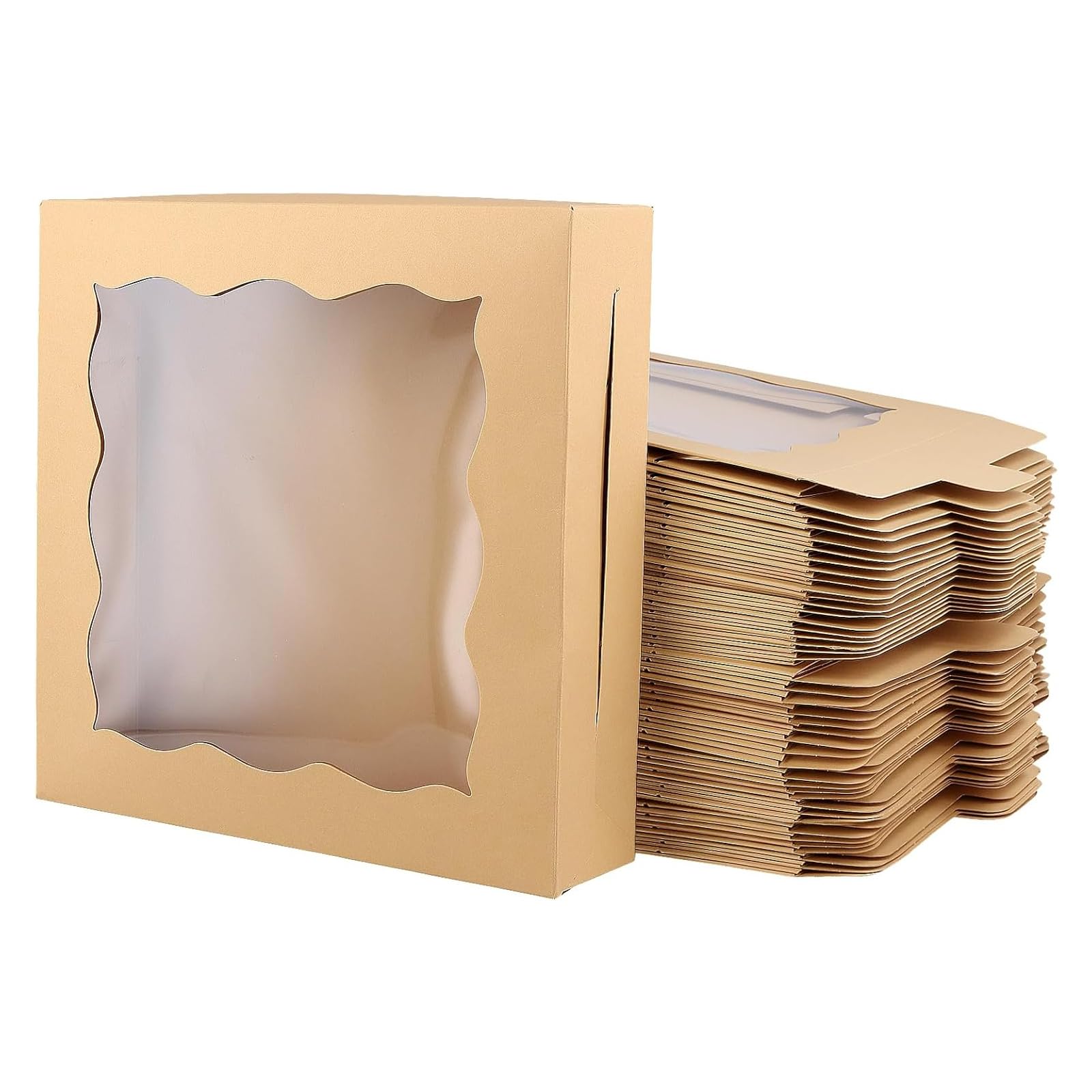 Paquete de 50 cajas cuadradas de papel kraft para panadería de 10 x 10 x 2.5 pulgadas con ventana transparente, cajas grandes para tartas, cajas planas marrones para pasteles