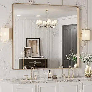 LOAAO 40”X36” Gold Bathroom Mirror, Rounded Rectangle Gold Frame Mirror, Brushed Gold Bathroom Vanity Mirror Wall-Mounted, Anti-Rust, Tempered Glass, Hangs Horizontally or Vertically