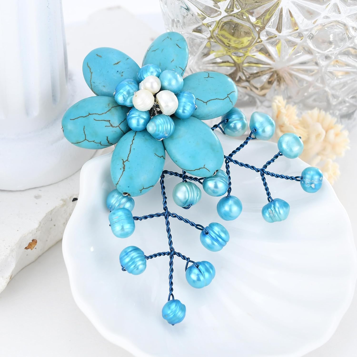 AeraVida Nature Loving Simulated Turquoise-Cultured Freshwater Pearl Floral Drape Pin Brooch | Elegant Nature-Inspired Jewelry for Women image 2