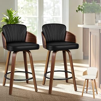 ALFORDSON Bar Stools Set of 2, 360  Swivel Bentwood Barstools with Cushion Backrest & Armrests, 66CM Counter Height PU Leather Kitchen Chair for Kitchen Island, Dining Room, Home Pub, Cafe, Black