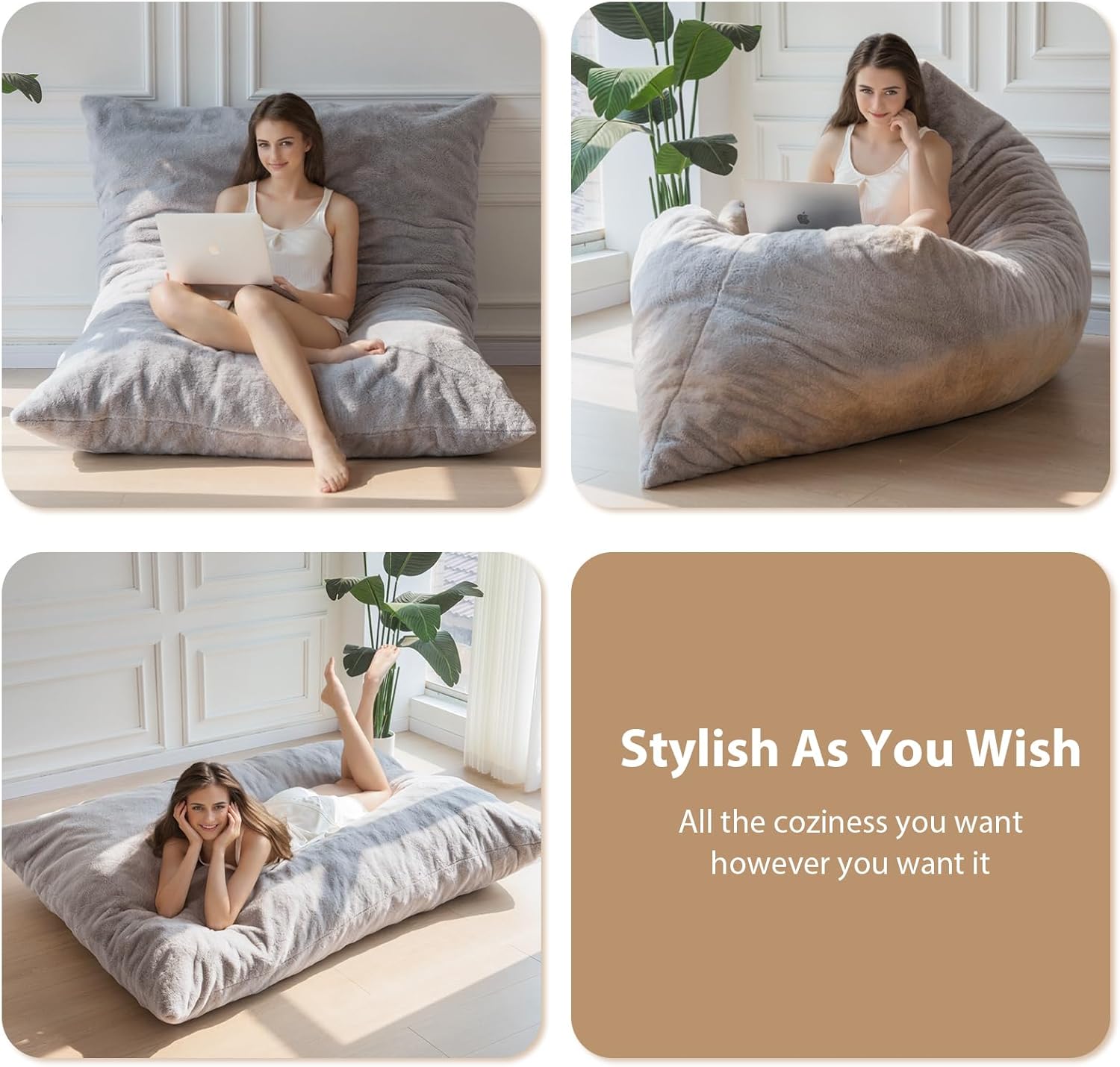 BYBYME 3 in 1 Bean Bag Chair, Convertible Chair Folds from Bean Bag to Lounger, High-Density Foam Filling, Faux Fur Big Sofa Bed, Giant Bean Bag Chair Bed for Adults - Image 4