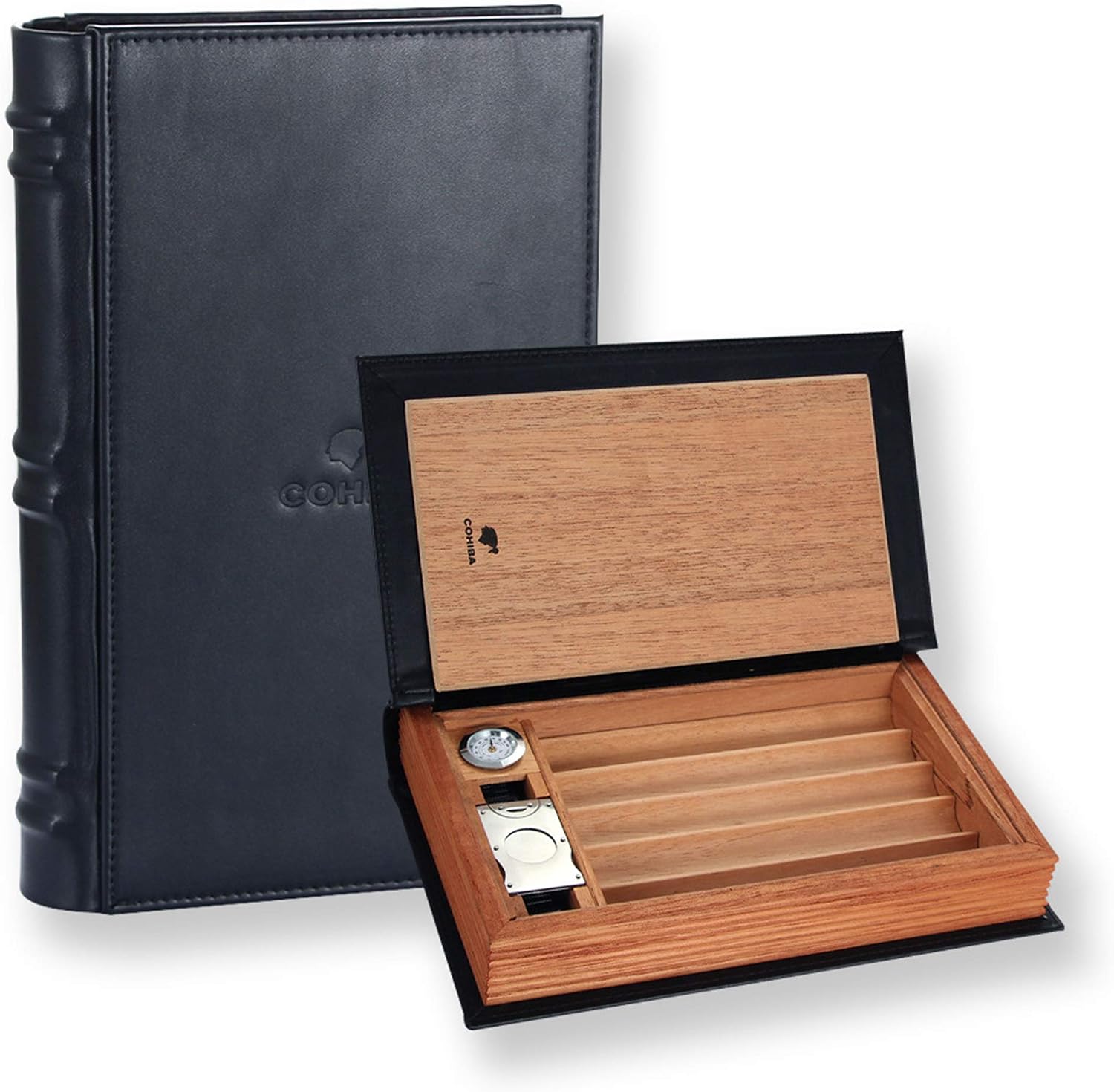 Portable Travel Humidor Creative Books Style Holds (5 Cigars) Cedar Lined Storage Box with Cigars Cutter Set Gift for Men
