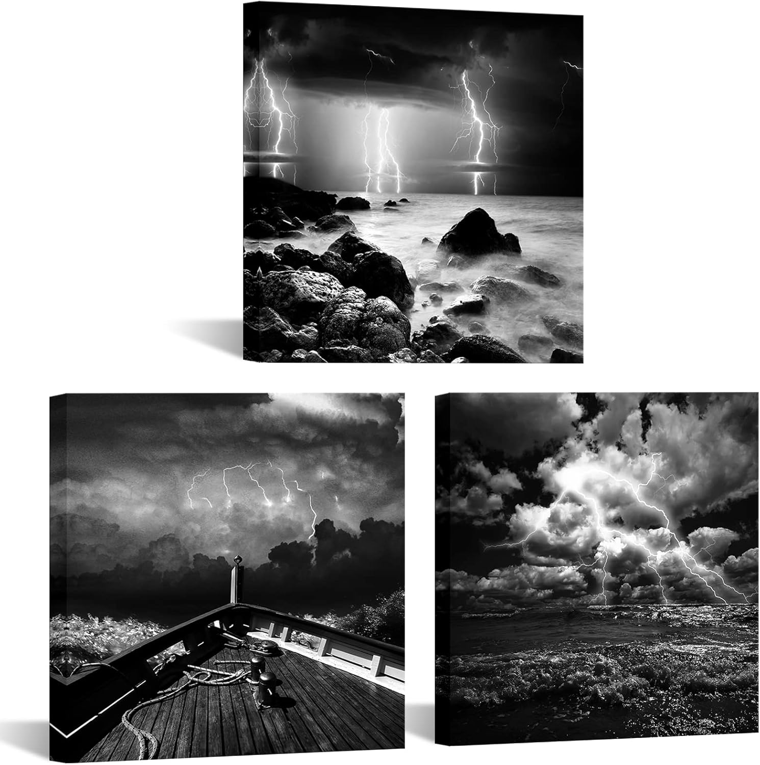 sechars Black and White Sea Canvas Wall Art Ship in Stormy