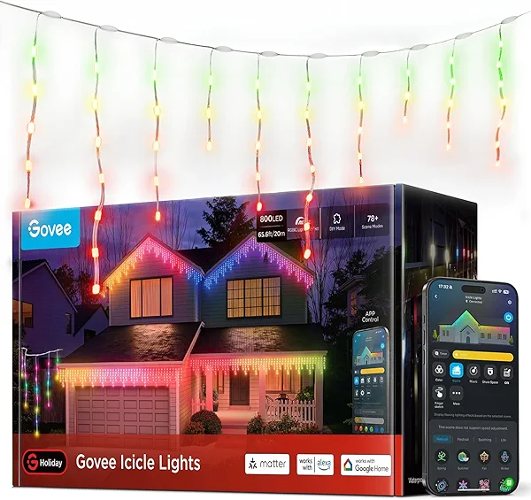Govee Icicle Lights, Smart RGBIC Christmas Lights for Outside, 66ft with 800 LEDs Christmas Icicle Light for Outdoor, IP67 Waterproof, Music Sync, Voice Control, 78+ Scene Modes for Holiday Decor