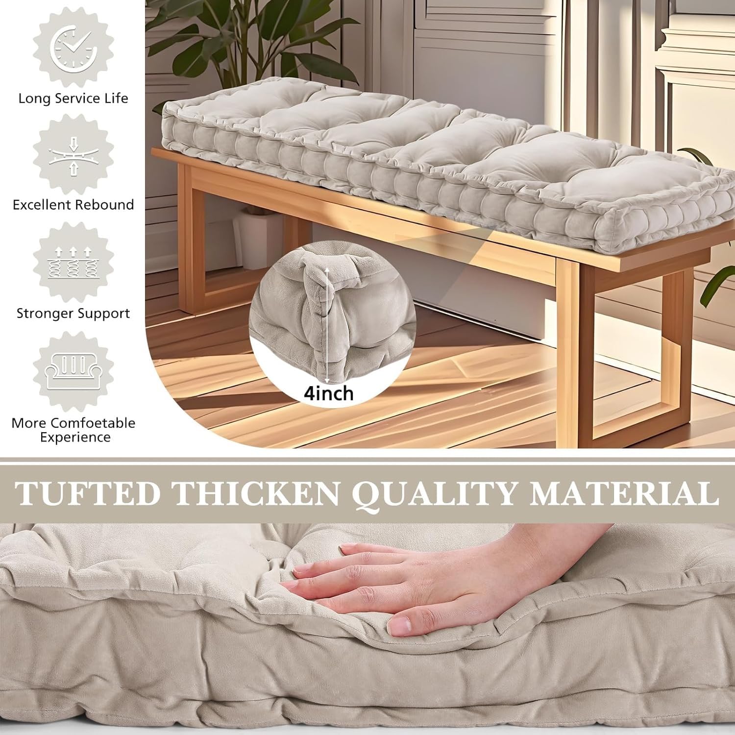Cojines a Medida para Bancos de Interior y Exterior,1 2 3 o 4 plazas Cojín Blando Antideslizante 10cm Groso Cojín Asiento Jardín Cómodo Decorativo Banco de Madera Sofa(Beige,110x50x10cm)