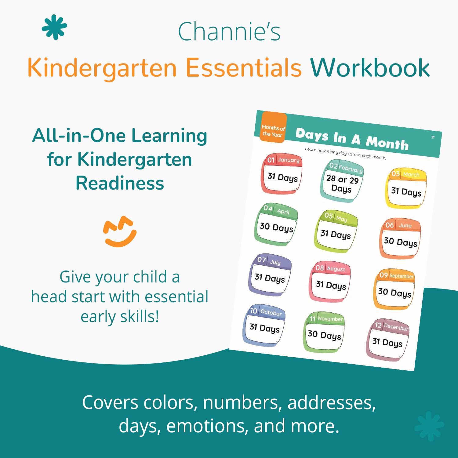 Channie's Libros de trabajo esenciales para el jardín de infantes, libro de actividades para niños de aprendizaje temprano, escritura a mano, números, colores, rutinas diarias y más, libros de trabajo
