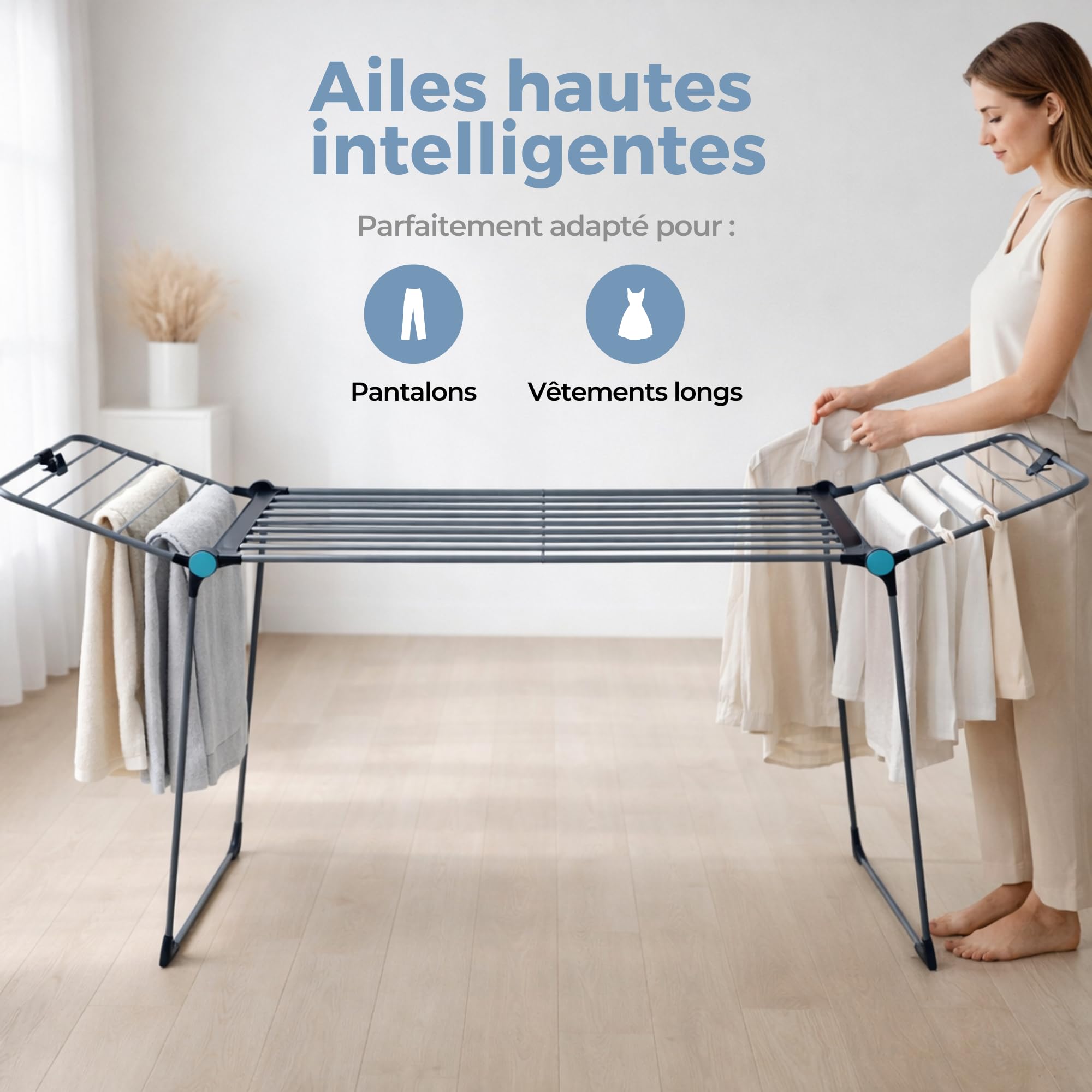 MELTA.® Dynamik 25 – Étendoir à Linge Extensible avec Partie Centrale Télescopique, 25 m de Séchage, Ailes Hautes, Structure Stable en Acier, avec roulettes, Gris et Vert