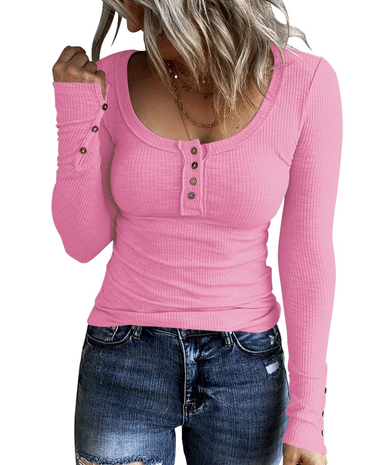 KINLONSAIR Women Long Sleeve Henley Shirts Scoop Neck T-shirt Basic Tops