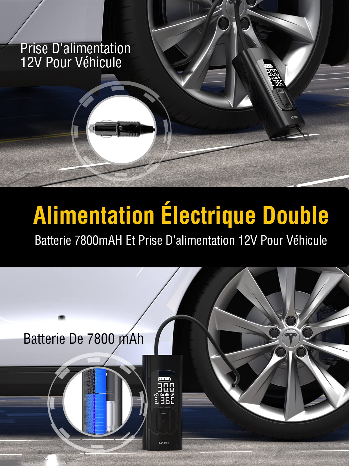 AZUNO Gonfleur Pneus Voiture compresseur à air portatif, Pompe à vélo sans Fil 7800mAh Type-C Charge, Gonfleur d'air électrique 2 Fois Plus Rapide pour Voitures, vélos, balles et Moto