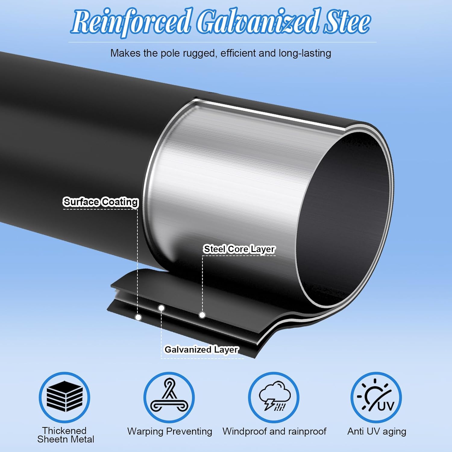 Street Light Pole 10 Ft, Outdoor Adjustable Metal Street Lamp Post for Solar Lights, Heavy Duty Exterior Lighting Pole with Rebar Cage for Backyard, Parking Lot, Patio