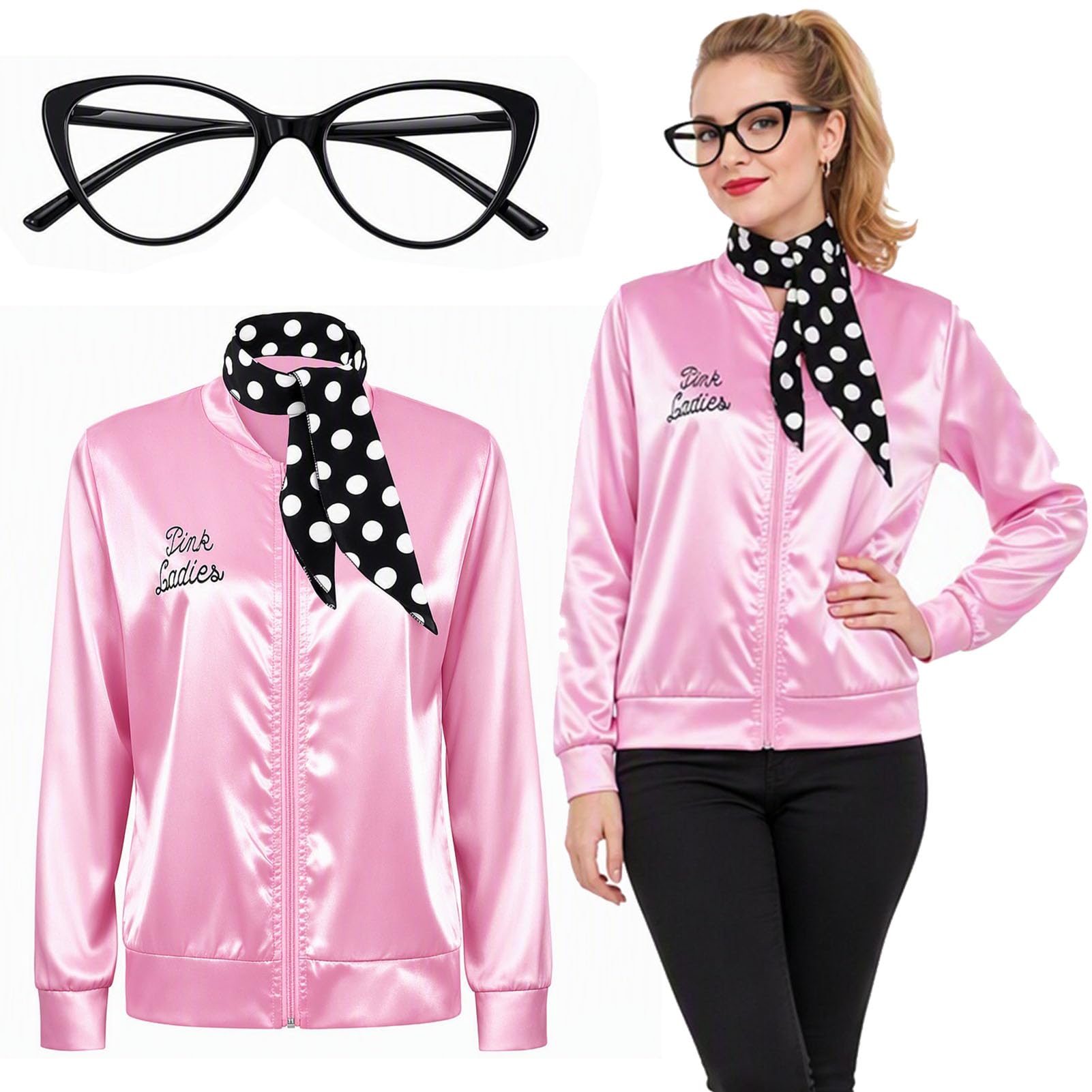 JRZYTX Pink Ladies Jacket Grease Fancy Dress 1950s Pink Satin Jacket Outfit for Women Festival Carnival 80s Party (S)