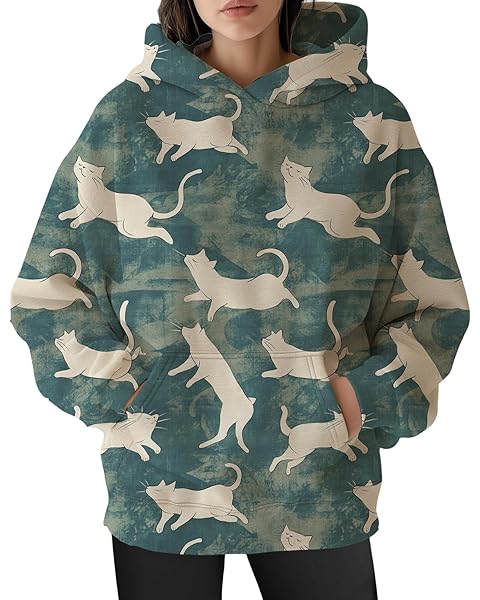 Womens Funny Cat Hoodies Oversized Graphic Hooded Sweatshirt for Women Fall Plus Si...