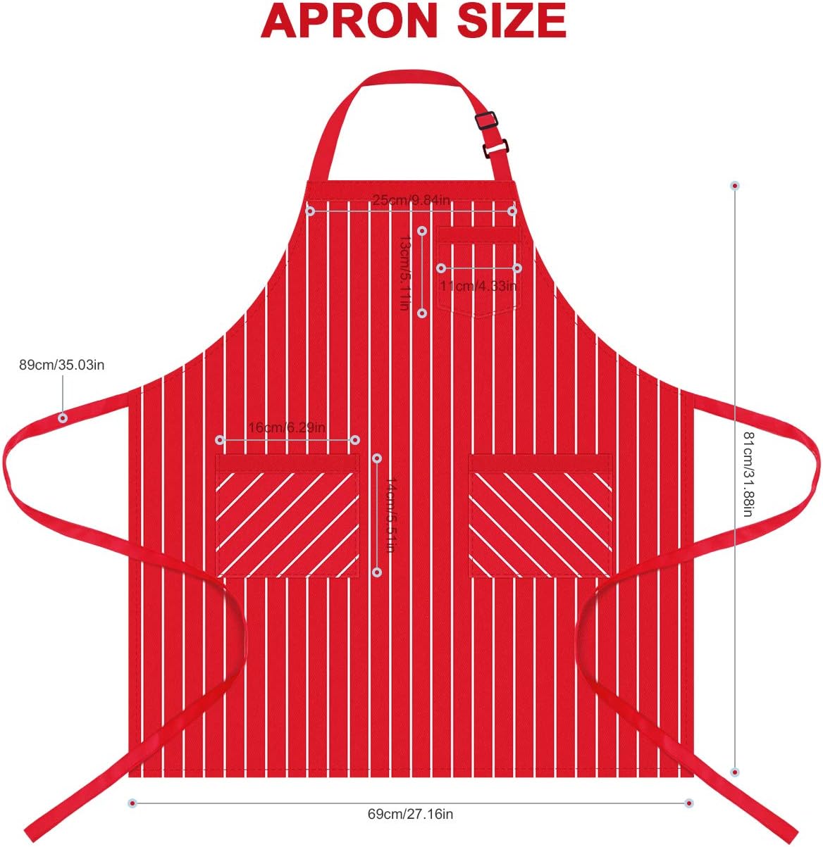 Syntus 2 Pack Adjustable Bib Apron with 3 Pockets Cooking Kitchen Aprons for BBQ Drawing, Women Men Chef, Red/White Pinstripe