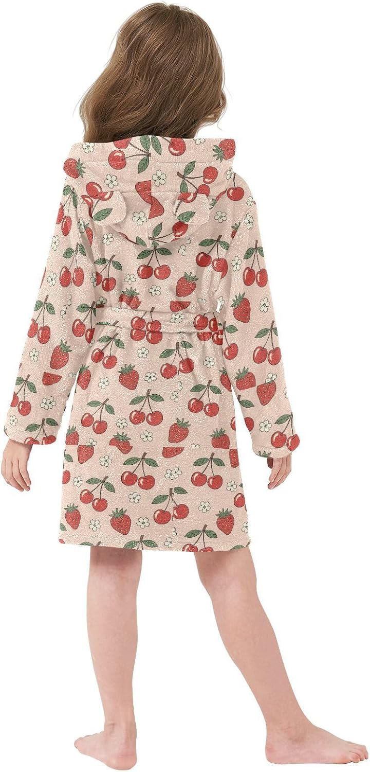 senya Cherry Berries White Flowers Toddler Hooded Bathrobe Kids Soft Plush Bath Towel Robes for Boys Girls 2-12 Years