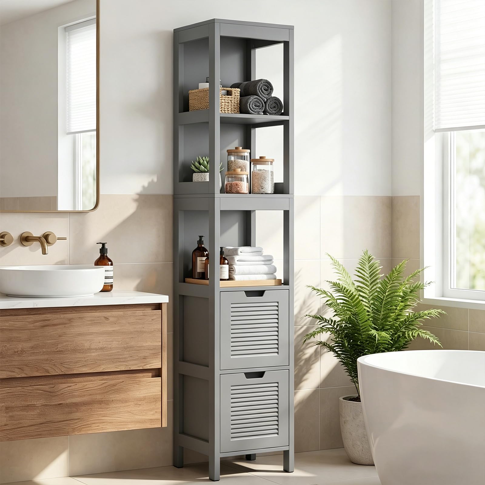 CASART Bathroom Floor Cabinet, Freestanding Tower Rack with 2 Drawers and 3 Open Shelves, Wooden Tall Cupboard Storage Organizer for Bathroom Living Room Kitchen (Grey)