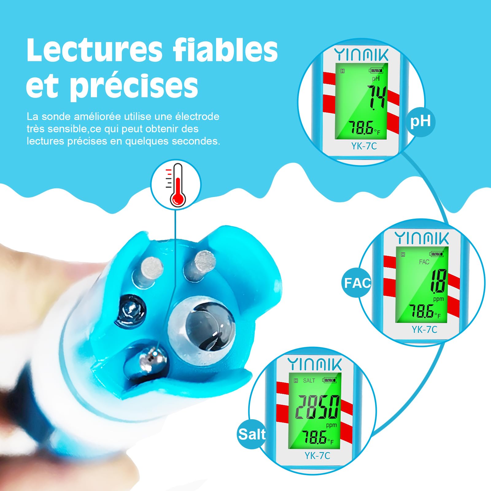 YINMIK Testeur Chlore Piscine, Testeur pH et Chlore, Testeur pH Sel Piscine,Testeur pH Electronique Tester le Bain d'eau Salée du Bain,Hydroponique, Spa