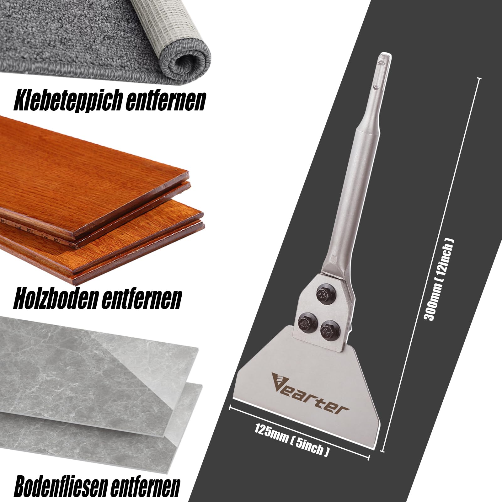 SDS Plus Spachtelmeißel Meißel, 300x125mm Bodenschaber 40CrMo Schaft, Fliesenmeißel für Abziehen von Fliesen, Fußbodenkleber, Linoleum, Fliesenkleber, Farbe