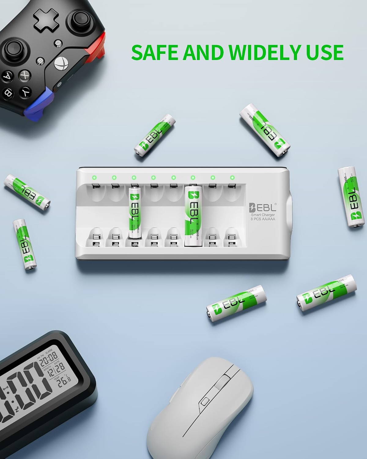 EBL AA AAA Battery Charger, 8-Bay Individual Charger, Individual Charger for NiMH NiCD Rechargeable Batteries