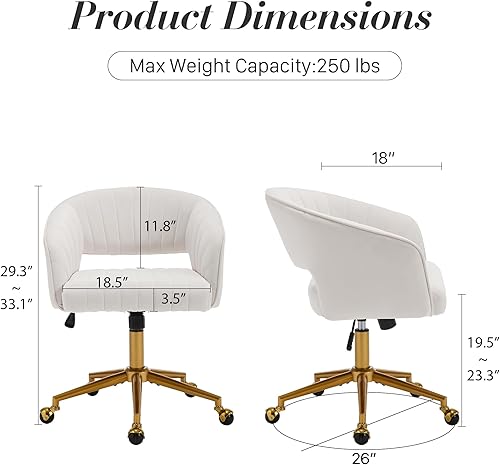 Miniatura 3 de Homedraft Silla de escritorio giratoria para oficina en casa, moderna silla de escritorio de terciopelo, sillón de altura ajustable con base dorada,