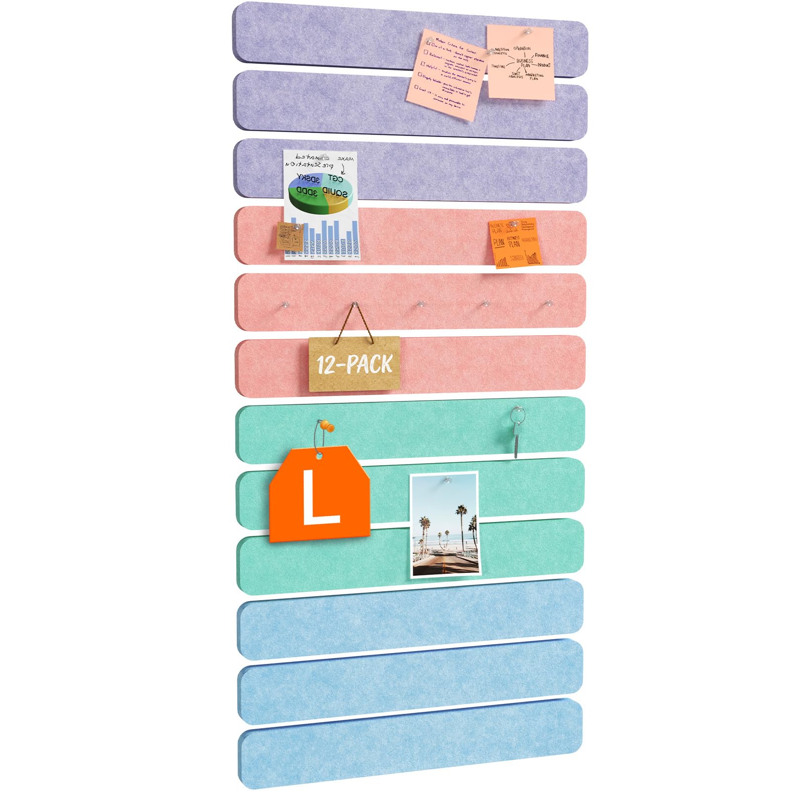 Lifewit Bulletin Board with 60 Pin Set, 12-Pack Cork Board Alternative Felt Strip Board, 33x5 cm, 4-Color Set, Full Self-Adhesive Wall Panel for Decor, for Office, Dorm, Home, Coastal Hue