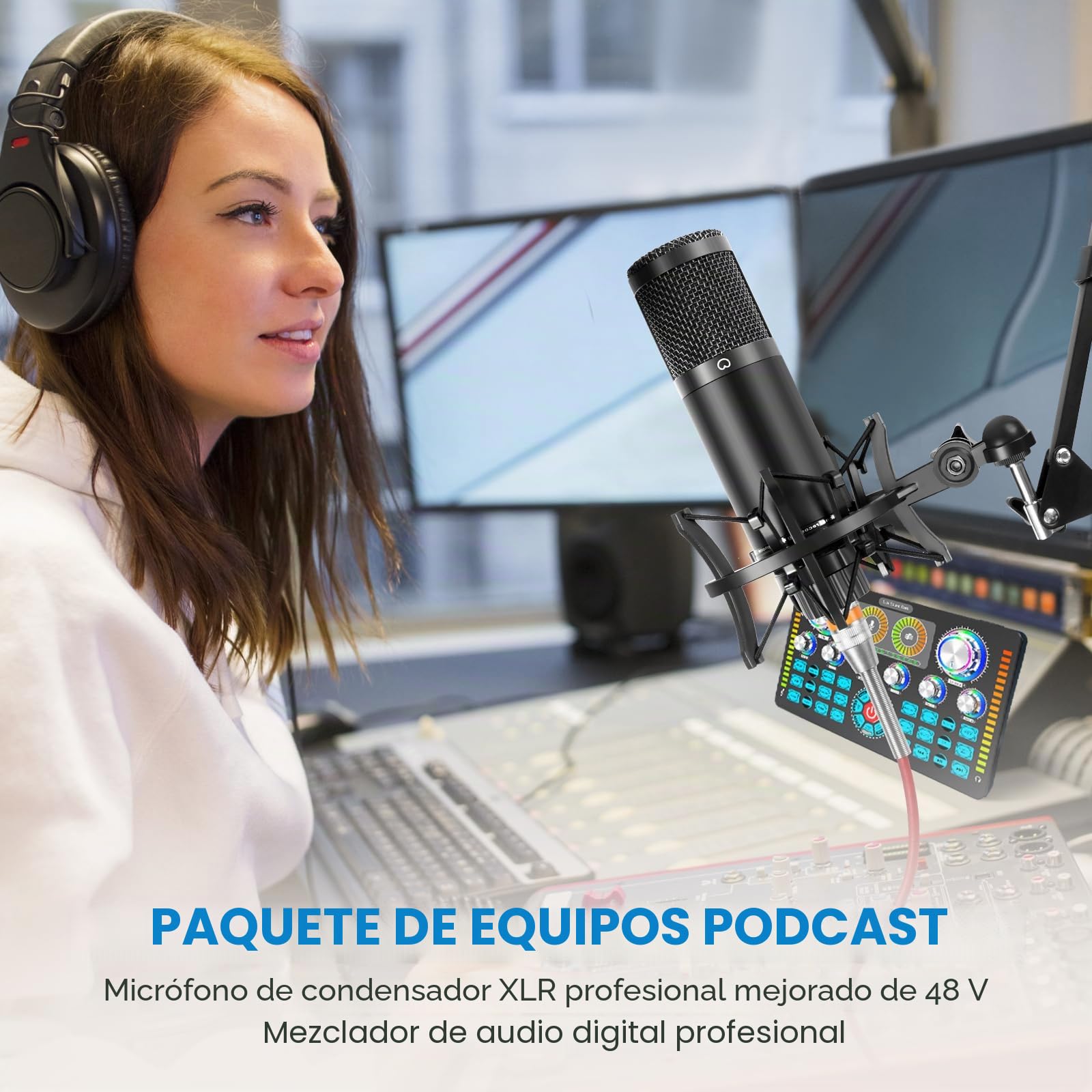 Paquete de equipo de podcast, interfaz de audio y micrófono de condensador XLR, equipo de estudio con alimentación Phantom de 48 V, Bluetooth para podcast, transmisión, voz, PC, smartphone
