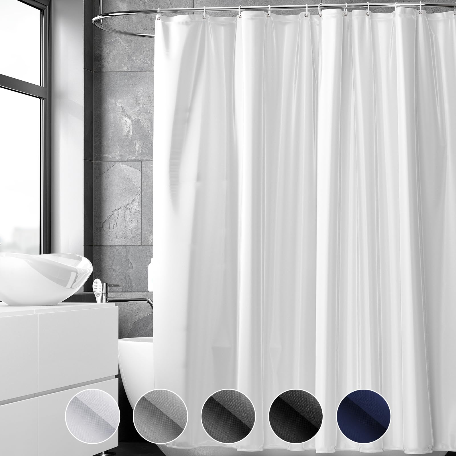 REDKEY Cortinas de Ducha, 180x200 cm, Poliéster Cortinas de Baño Decorativas Antifúngicos, Impermeable, Lavable, Duchas de Baño Cortinas con 12 Aros Cortina Ducha, Blanco