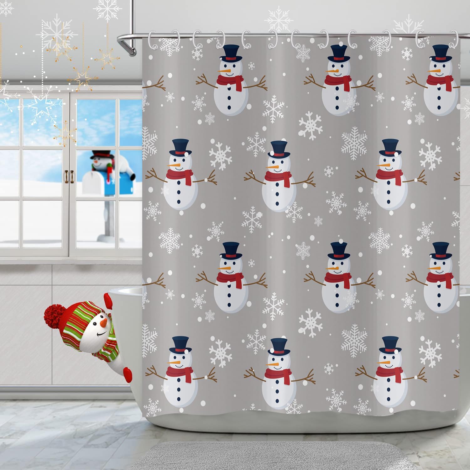 Hnmdmyi Christmas Shower Curtain 90x180, Cute Snowman White Snowflake Grey Winter Xmas Holiday Bathroom Curtains with Hooks Waterproof Polyester Fabric Washable Bath Curtains for Wet Room