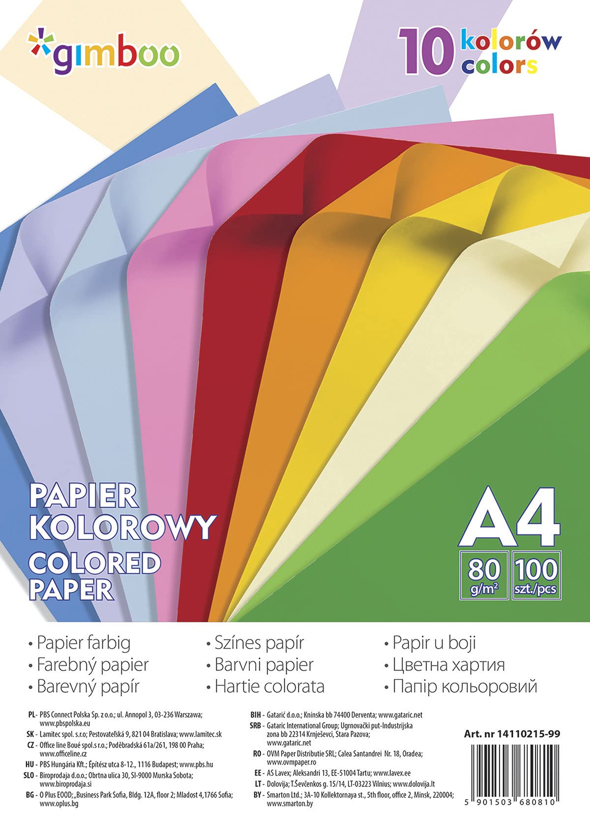 Coloured Paper GIMBOO A4 100 Sheets 80 GSM 10 Neon Colours/Paper and Labels/Type-Neon/Material-Paper/Colour-Assorted Colours/Format-A4 / Weight (g/m2)-80 / Dimensions (mm)-210x297