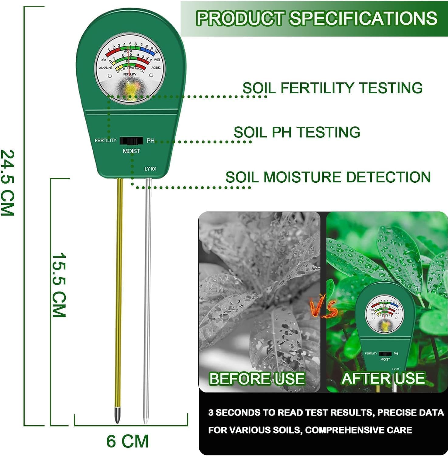 Misuratore di terreno 3 in 1, tester per pH, umidità e fertilizzante, misuratore di umidità del terreno per piante, giardino, fattoria, prato, senza batterie necessarie