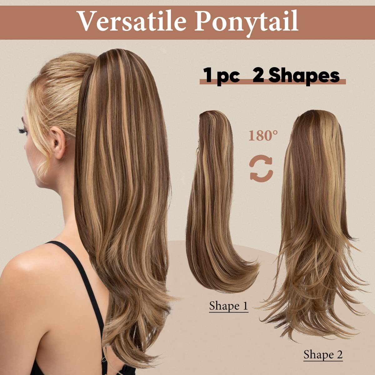 Clip in Ponytail Extension Brunette and Honey Blonde 18 Inch Pony Tails Hair Extensions for Women Long Straight Curly Tail Ponytail Hair piece Synthetic Fake Versatile Pony thumbnail