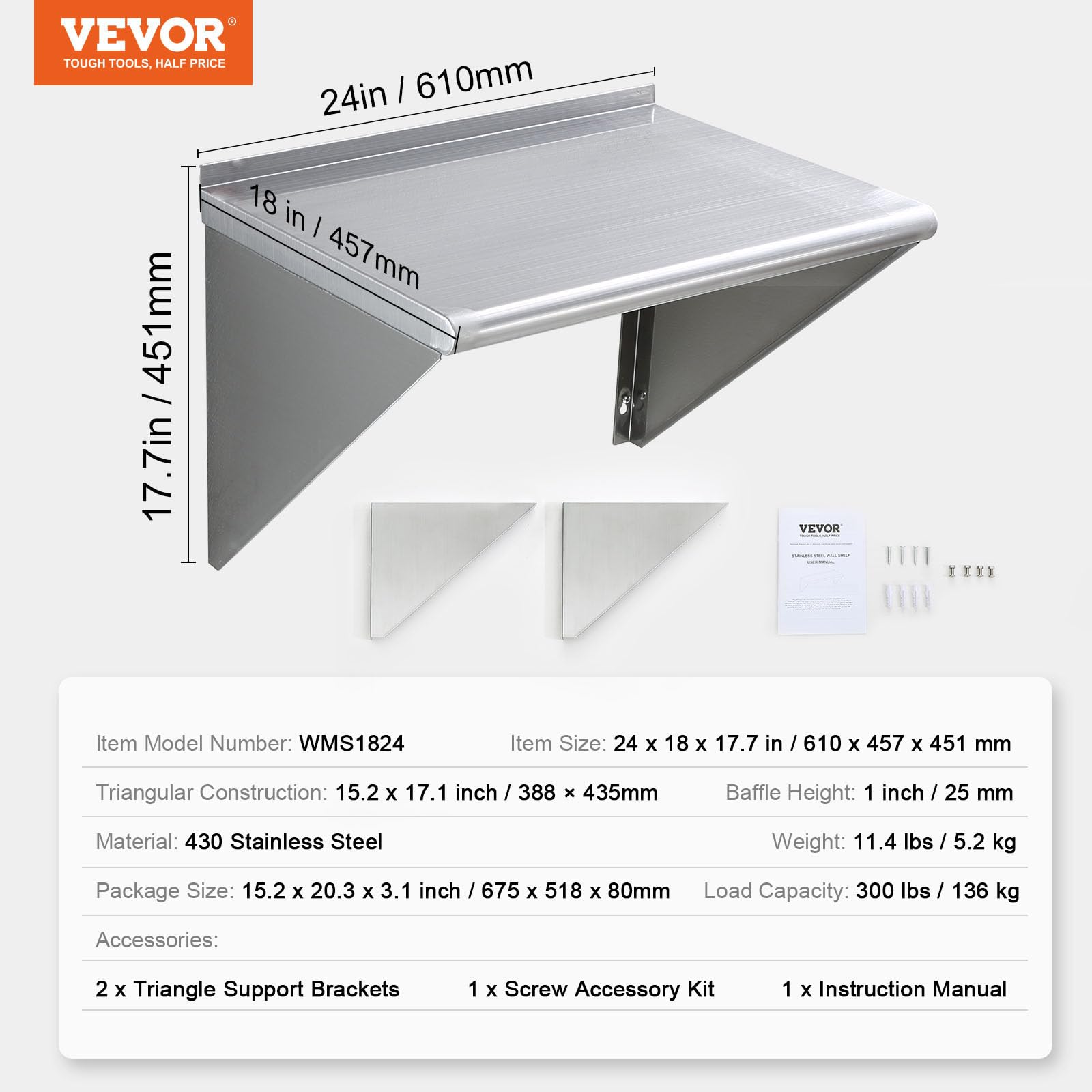 VEVOR Mensola da Parete in Acciaio Inox 610 x 305 x 63 mm Scaffale Murale per Cucina Bagno Soggiorno Capacità Carico Max. 136kg, Mensola da Parete Portaoggetti Portaspezie in Acciaio Inox per Cucina