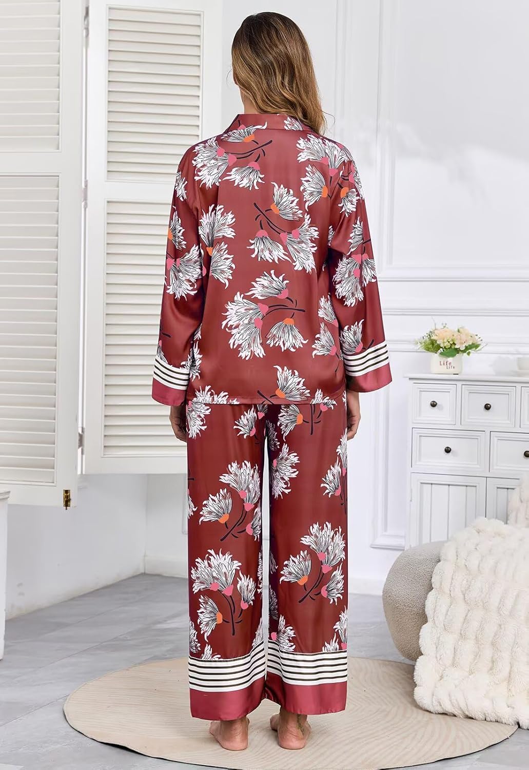 Brosloth Womens Silk Pajamas Floral Satin Pj Sets Button Up Long Sleeve Comfy Soft Fall 2 Pieces Lounge Sets - Image 5
