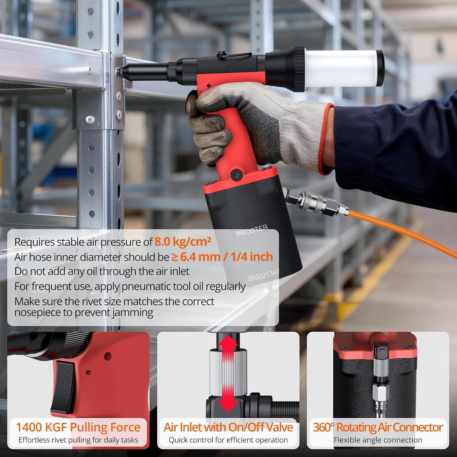 Proster Pneumatic Rivet Gun Air Hydraulic Riveter Tool with 5 Interchangeable Nosepieces 3/32" 1/8" 5/32" 3/16" 1/4", Self-Suction Design 360° Swivel Air Inlet for Automotive Marine DIY