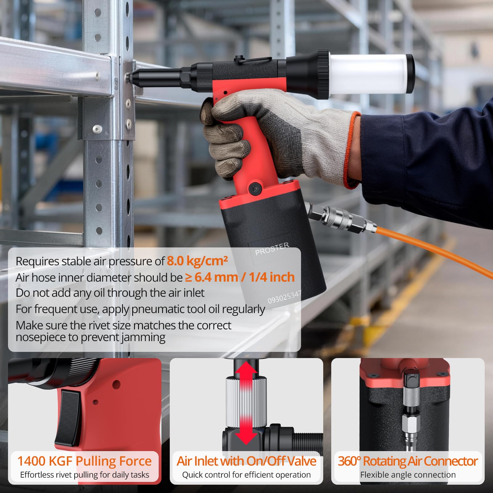 Proster Remachadora Neumatica Autoaspirante 1400KGF Pistola Remachadora de Aire con 360°Conector de Aire Giratorio y 5 Tamaños de Boquilla 2,4-6,4mm para Mecánicos, Marinos y Automoción