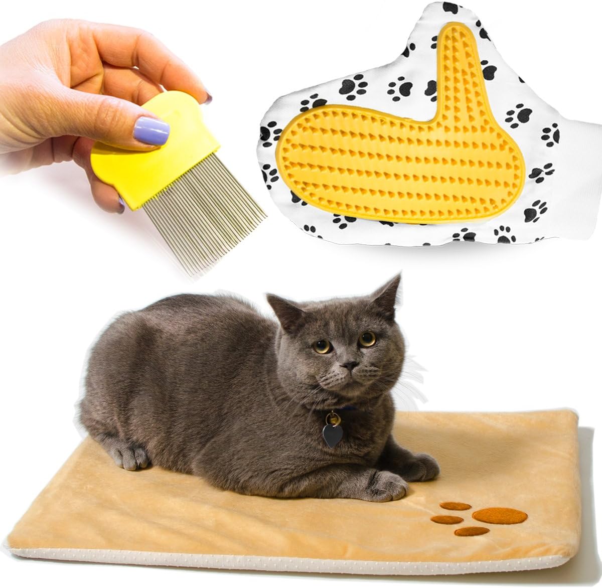 vangardio Thermal Mat - Self Warming Heating Pad for Pets Cat and Dog Bed - Grooming Glove and Hair Comb Included - Perfect 3 in 1 Bundle Gift Set (20.8x15.1inch)