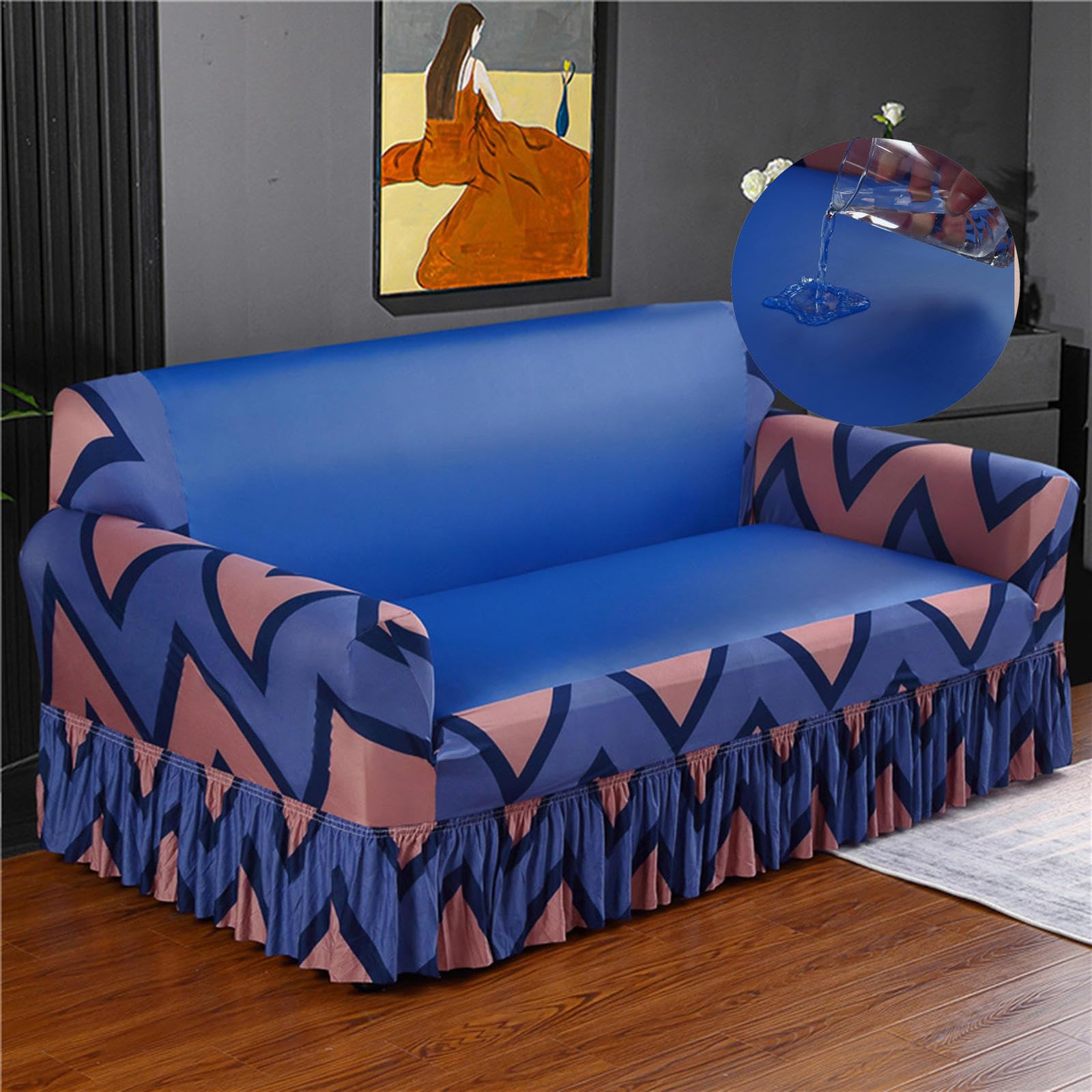 Housse de canapé imperméable et antidérapante avec jupe extensible bleu