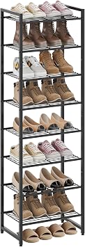 Nunsino Narrow Shoe Rack, 8-Tier Metal Shoe Organizer,Tall Shoe Shelf with Anti-Tip Strap, Max Holds 18 Pairs,Space Saving for Closet,Entryway,Black