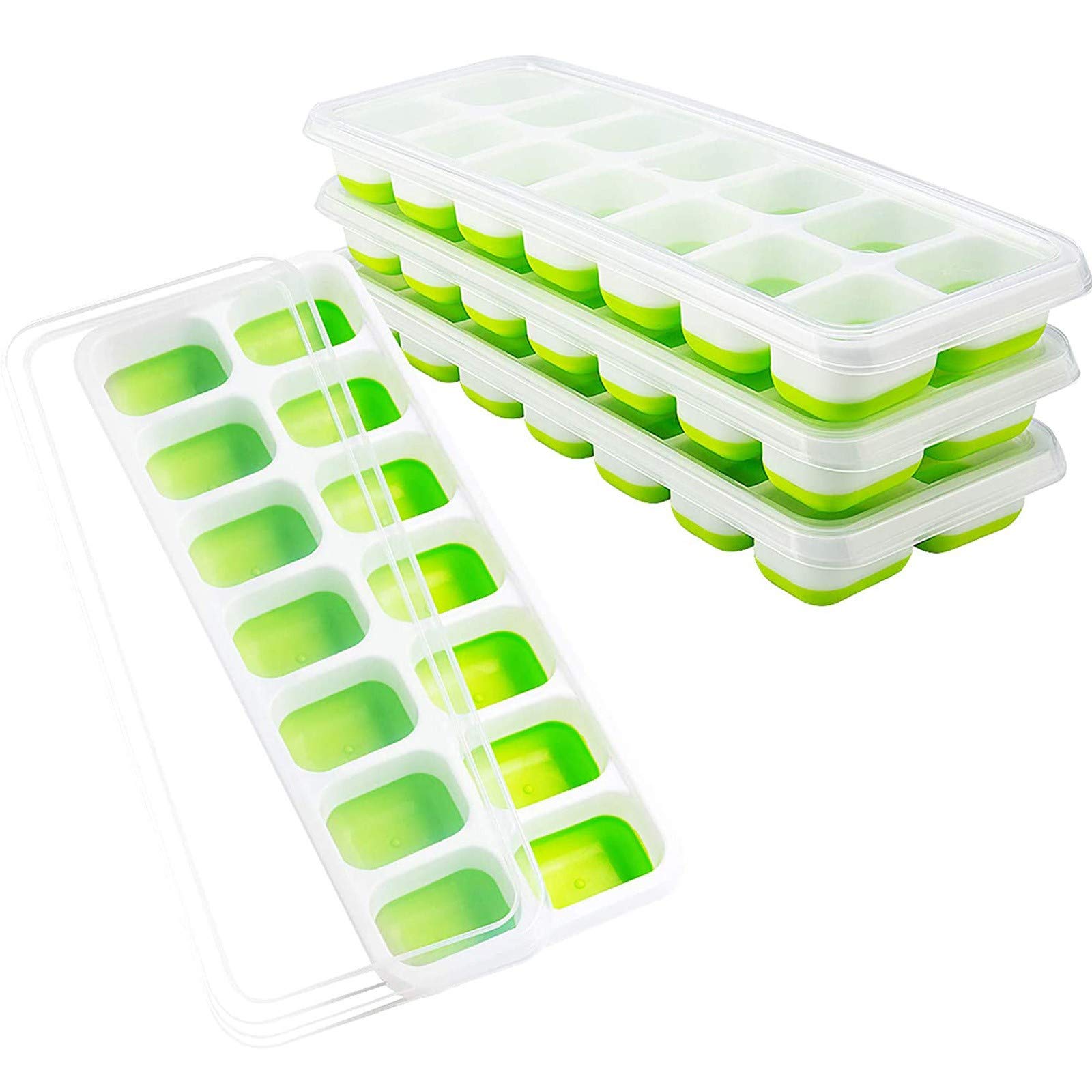 Ice Trays 4Pack Easy-Release Silicone Flexible Spill-Resist Removable Lid Ice Cube Trays 4 Pack, Easy-Release Silicone and Flexible 14-Ice Trays with Spill-Resistant Removable Lid (Green)