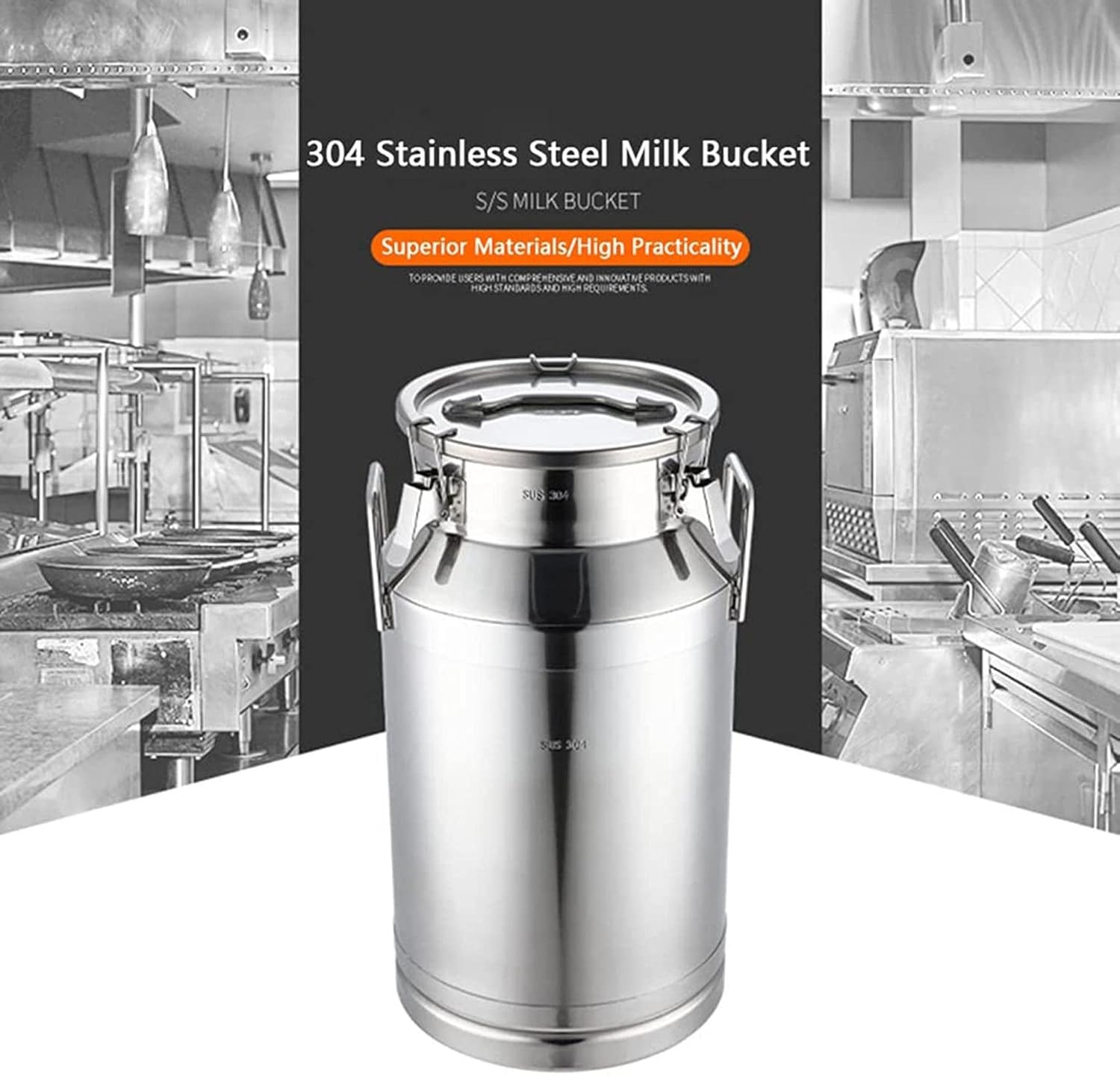 Milk Can with Silicone Sealed Lid, 304 Stainless Steel Milk Transport Bucket Wine Pail Bottle Milk Jug Keg Oil Barrel for Liquid Solid Storage Tank,30L
