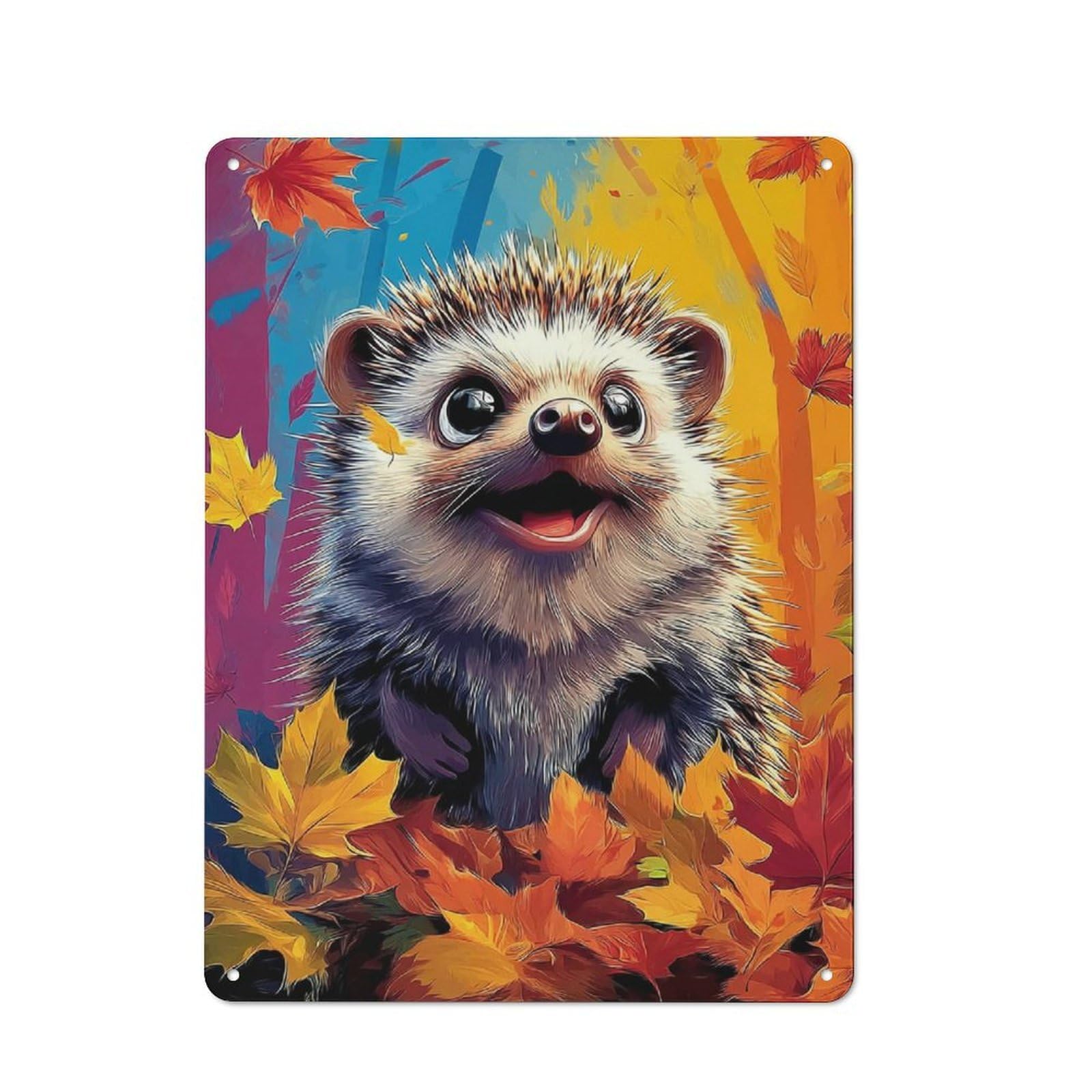 Junmoney Autumn Hedgehog Delight -1 Metal Plaque 40X30cm With For Hallway Wall, Retro Decor, For Themed Interiors In Hallways And Entrance Areas