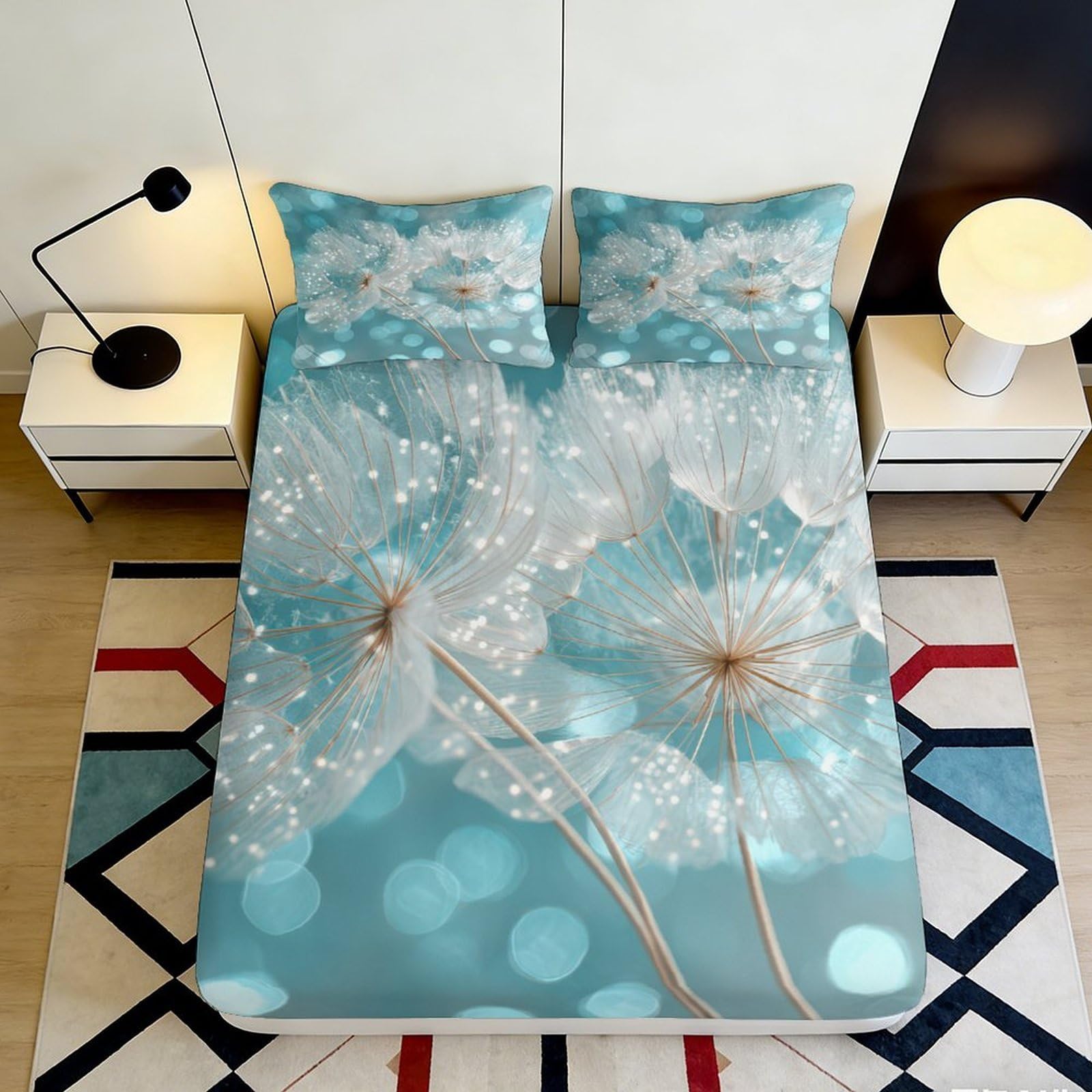 3D Printed Dandelion Fitted Sheet Microfiber Soft Breathable Bokeh Bed Cover for Bedroom Dormitory Guest Room Mattress Protection Decor 200x200x25cm