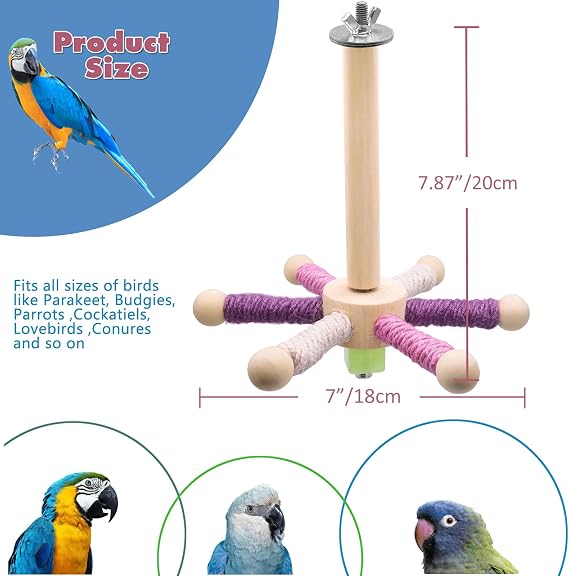Bird Perch Toy, Parrot 360° Interactive Rotating Toy, Bird Cage Accessories for Small and Medium Parrots to Expend Energy, Wooden Stand for Parakeets Cockatiels (6 perches)