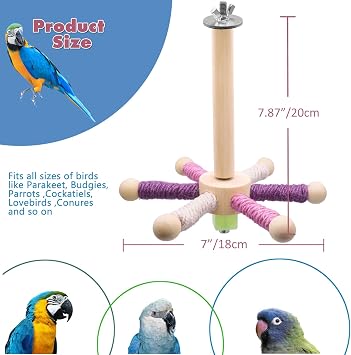Bird Perch Toy, Parrot 360° Interactive Rotating Toy, Bird Cage Accessories for Small and Medium Parrots to Expend Energy, Wooden Stand for Parakeets Cockatiels (6 perches)