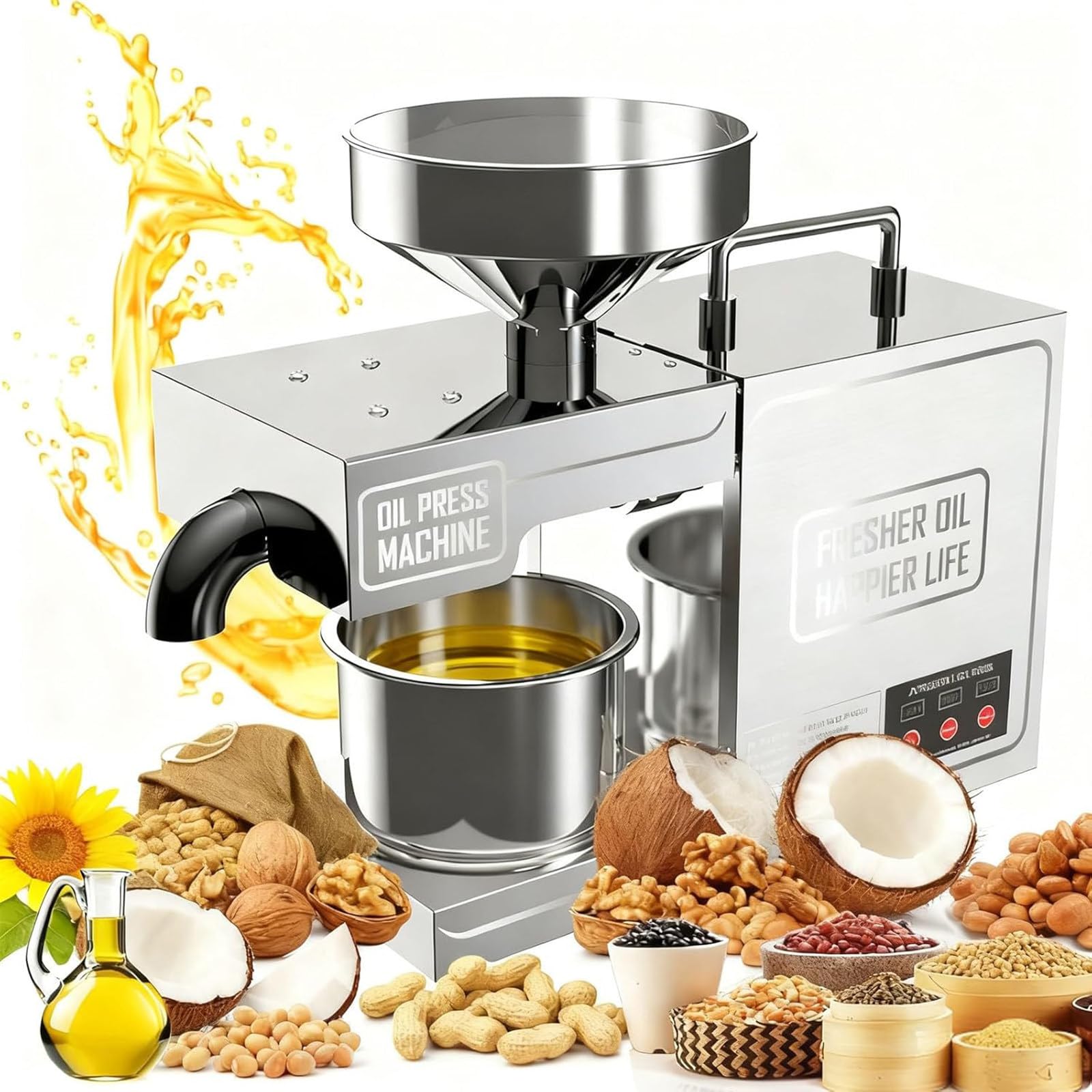 LHUITUI Electric Oil Press Machine, Organic Oil Press Machine, Automatic Olives Oil Extraction Squeezer, Cold And Hot Pressing, 820W, For Nuts And Seeds