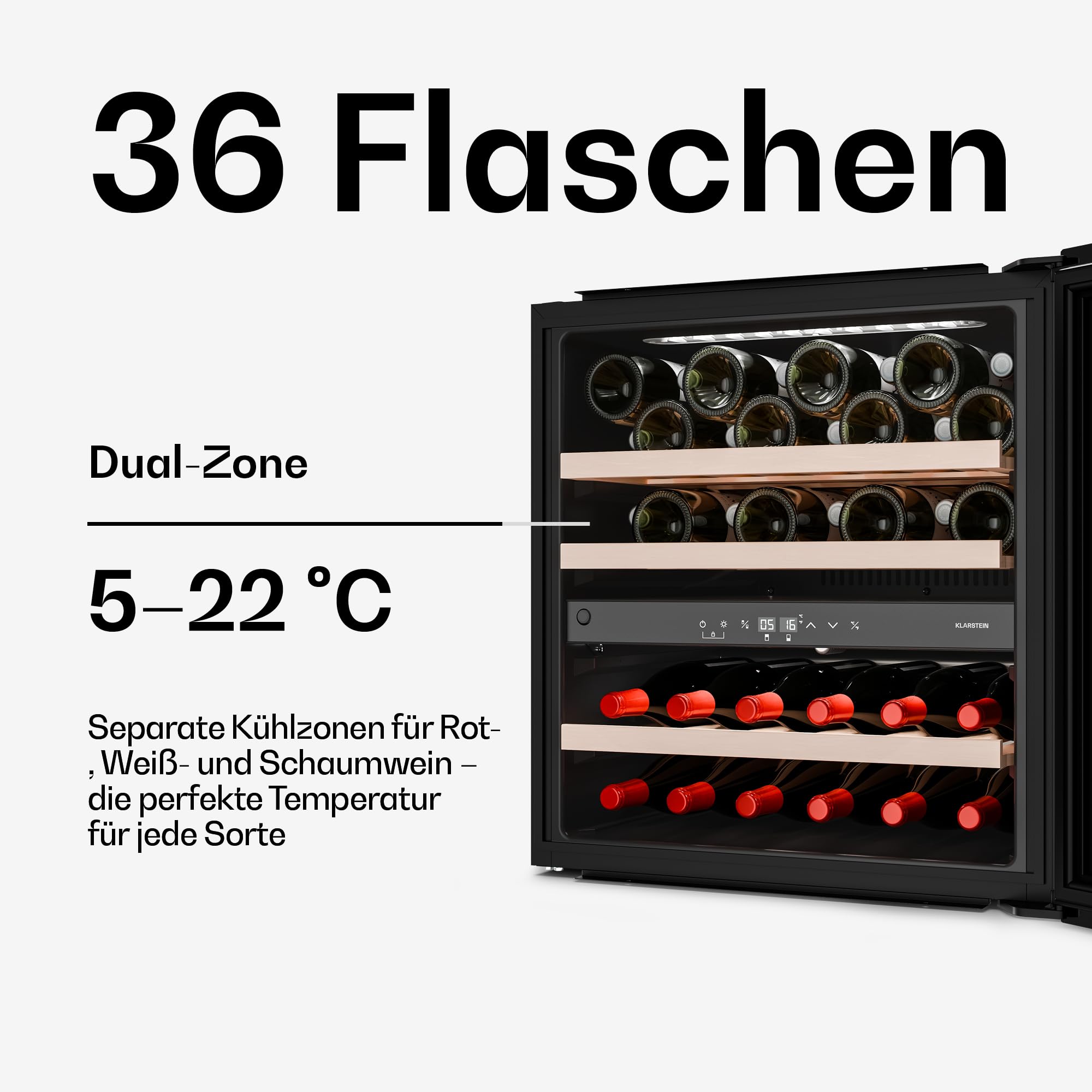 Klarstein Velaire Weinkühlschrank 2 Zonen - 36 Flaschen, Einbau, 5-22°C, Touch, LED, UV-Schutz, Holzregale, 41 dB, Weinklimaschrank 2 Zonen