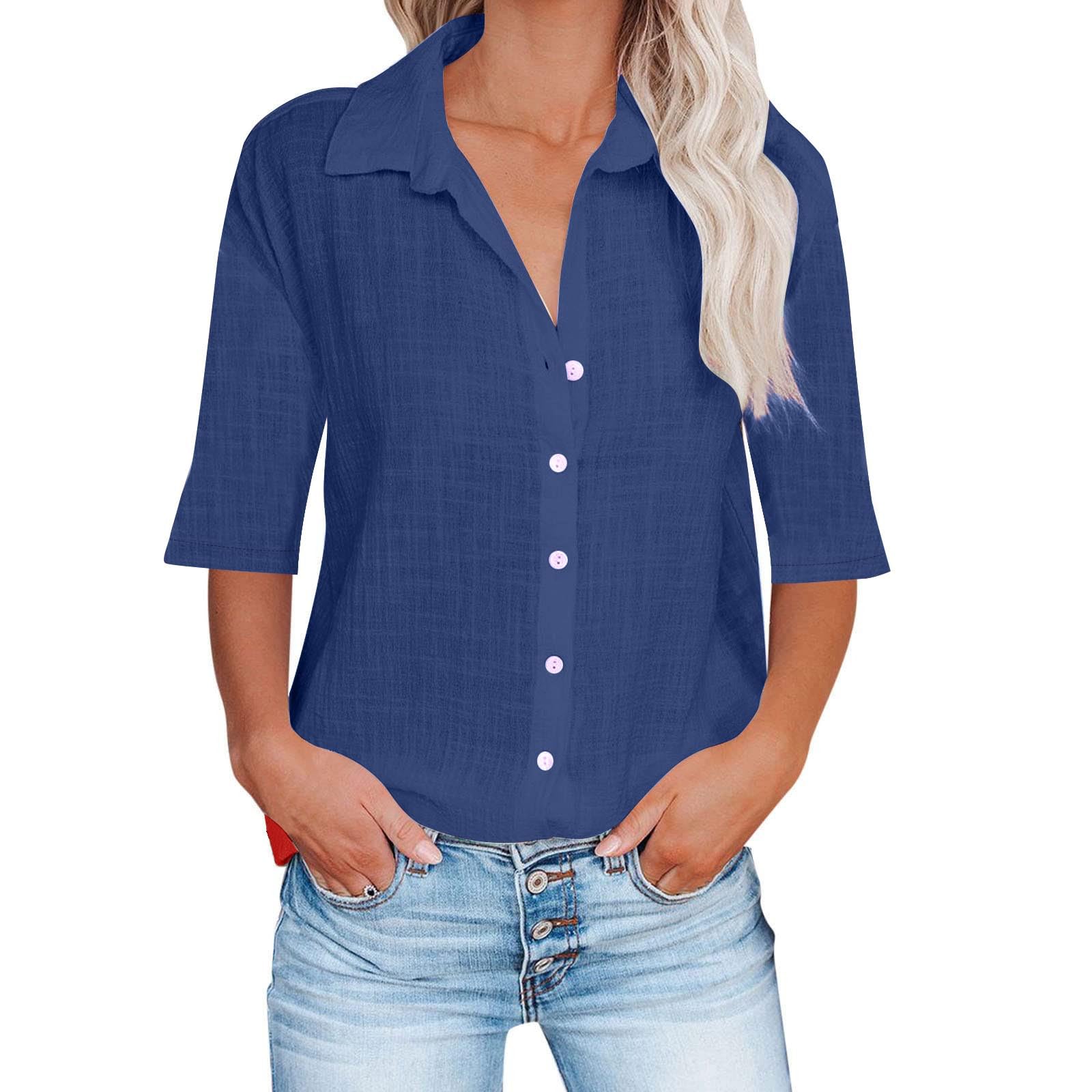 EkiregaiiWomens Tops Cotton Linen Button Down Shirt 3/4 Sleeve Lapel Collar Blouse Regular Fit Women's Blouse Fall Summer T Shirt Elegant Undershirt Office Beach Casual Wear