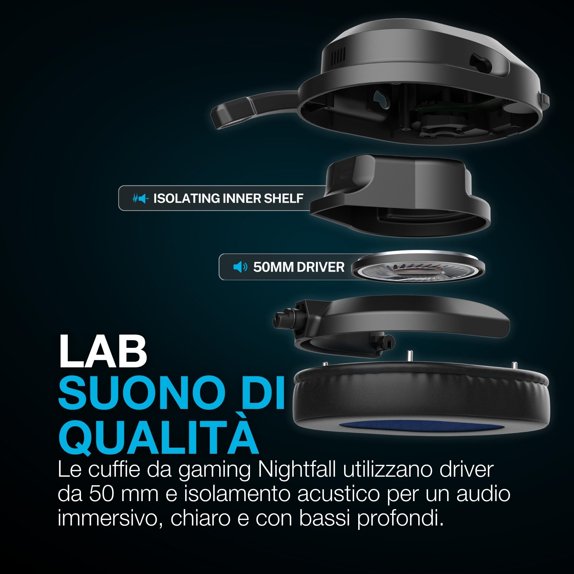 JLab Nightfall Cuffie da gioco wireless Over-Ear - Cuffie gaming con microfono per PC/PlayStation/Nintendo Switch - Driver da 50 mm, cuscinetti in schiuma Cloud e isolamento acustico interno