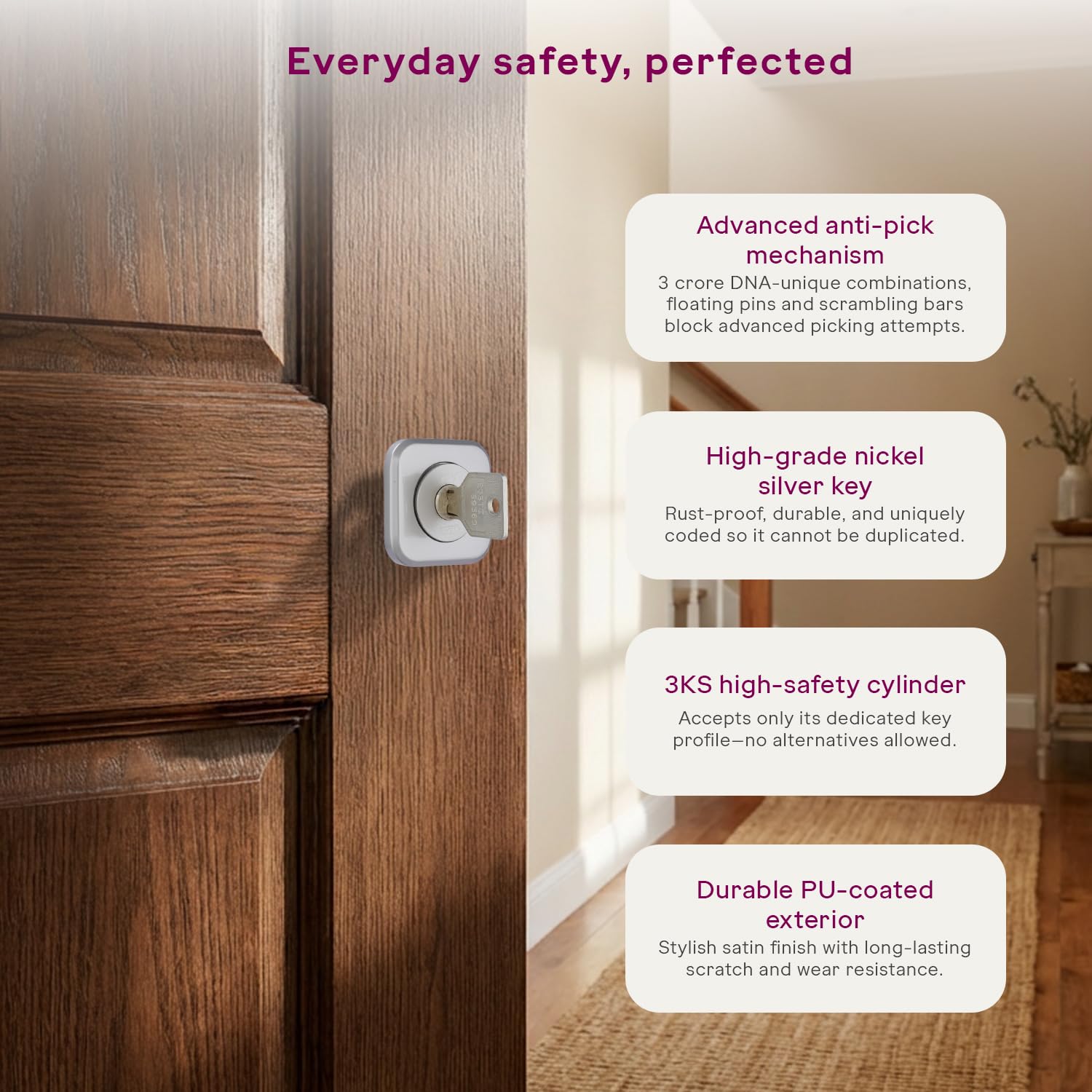 Godrej Rim Lock I Pentabolt Aries 3KS I 5 Bolts I 1CK Latchbolt I for Main Door I for Inside Opening Door l Left/Right Handed Doors I 4Keys I 15Year Warranty I Automatic Locking I Roman Silver Finish — Amazon image 3