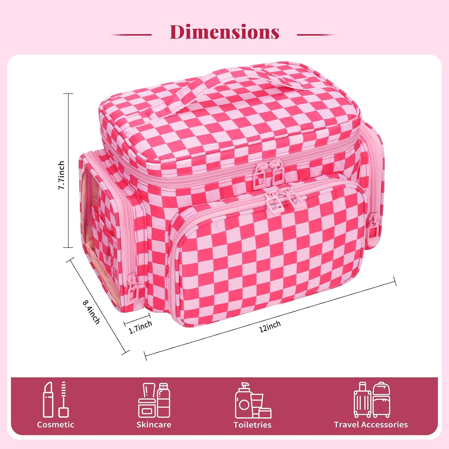 Large Checkered Makeup Bag, Travel Makeup Bag Organizer for Women Girls with Makeup Brush Compartment & Two Side Pockets, Cosmetic Travel Bag Vertical Storage Toiletry Bag- Hotpink - Image 6